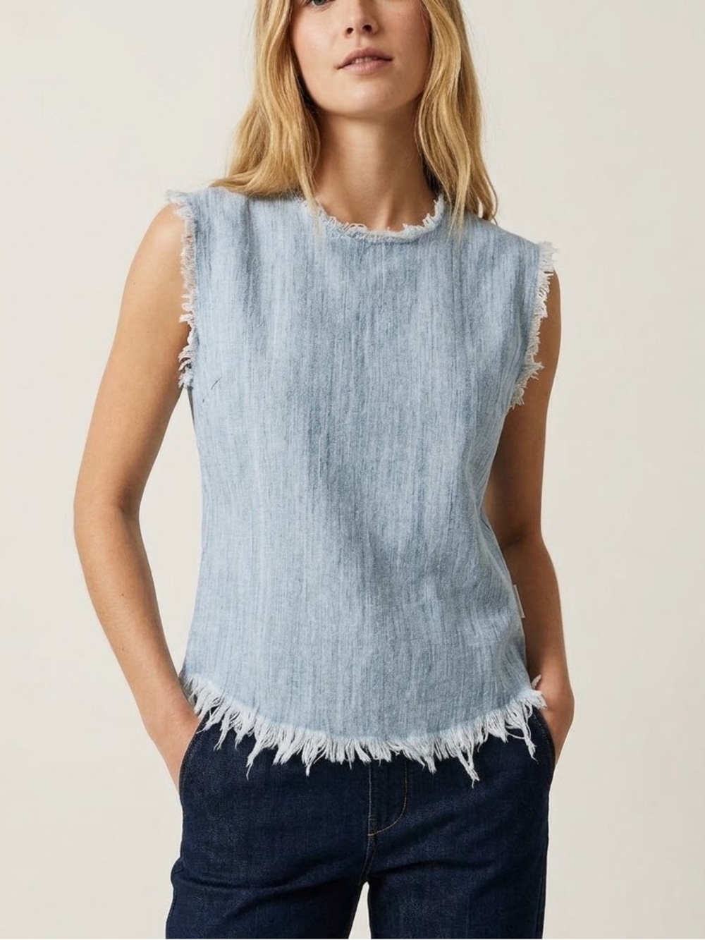 Haikure Sz S Bling Denim Combo Bleach Wash Distressed Top